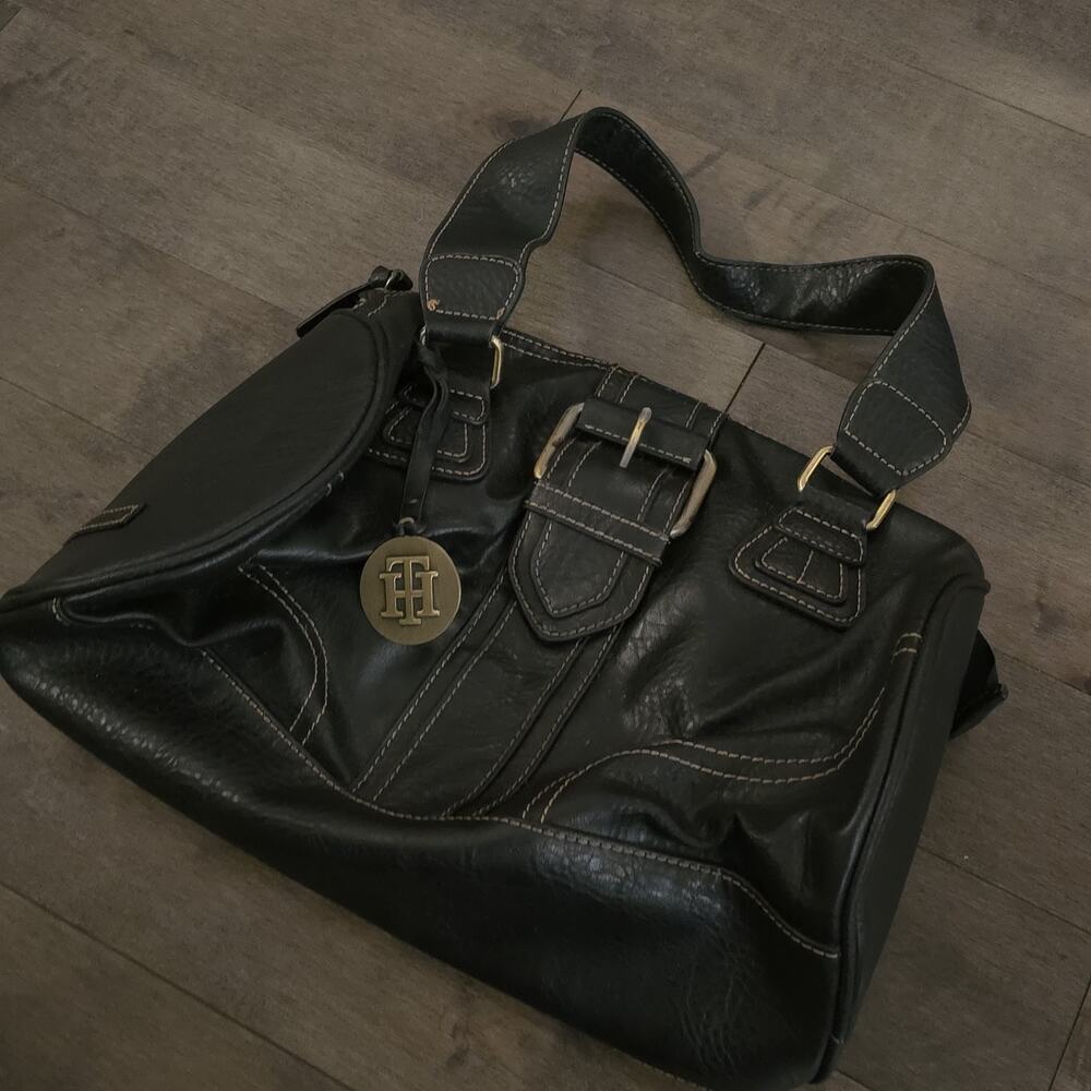 Vintage 90s Y2K TOMMY HILFIGER Leather Satchel Handbag Shoulder Bag BLACK - Picture 7 of 10